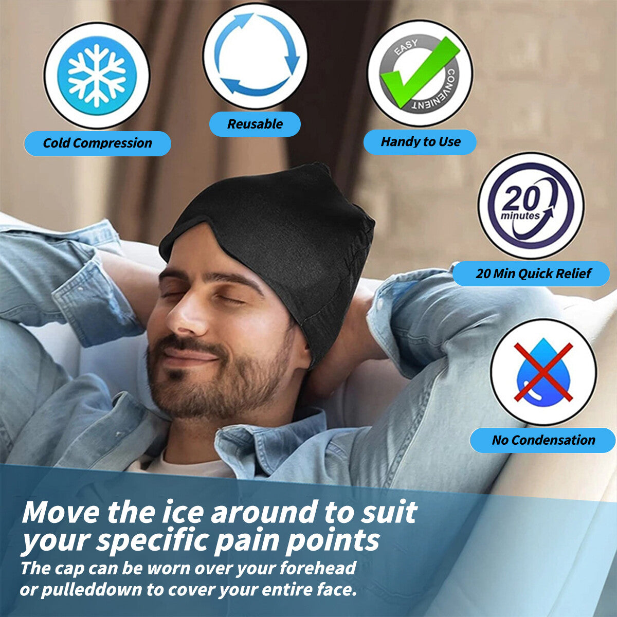 Cool Relief Soft Gel Migraine Ice Head Wrap Cap, Ice Pack for Headache Relief